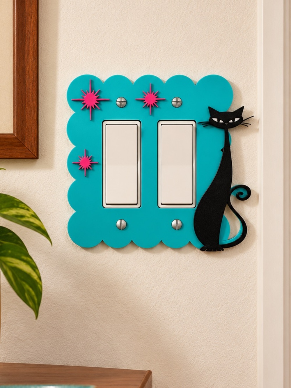 2/$25 Retro Atomic Black Cat 3D Printed Double Light Switch Cover MCM